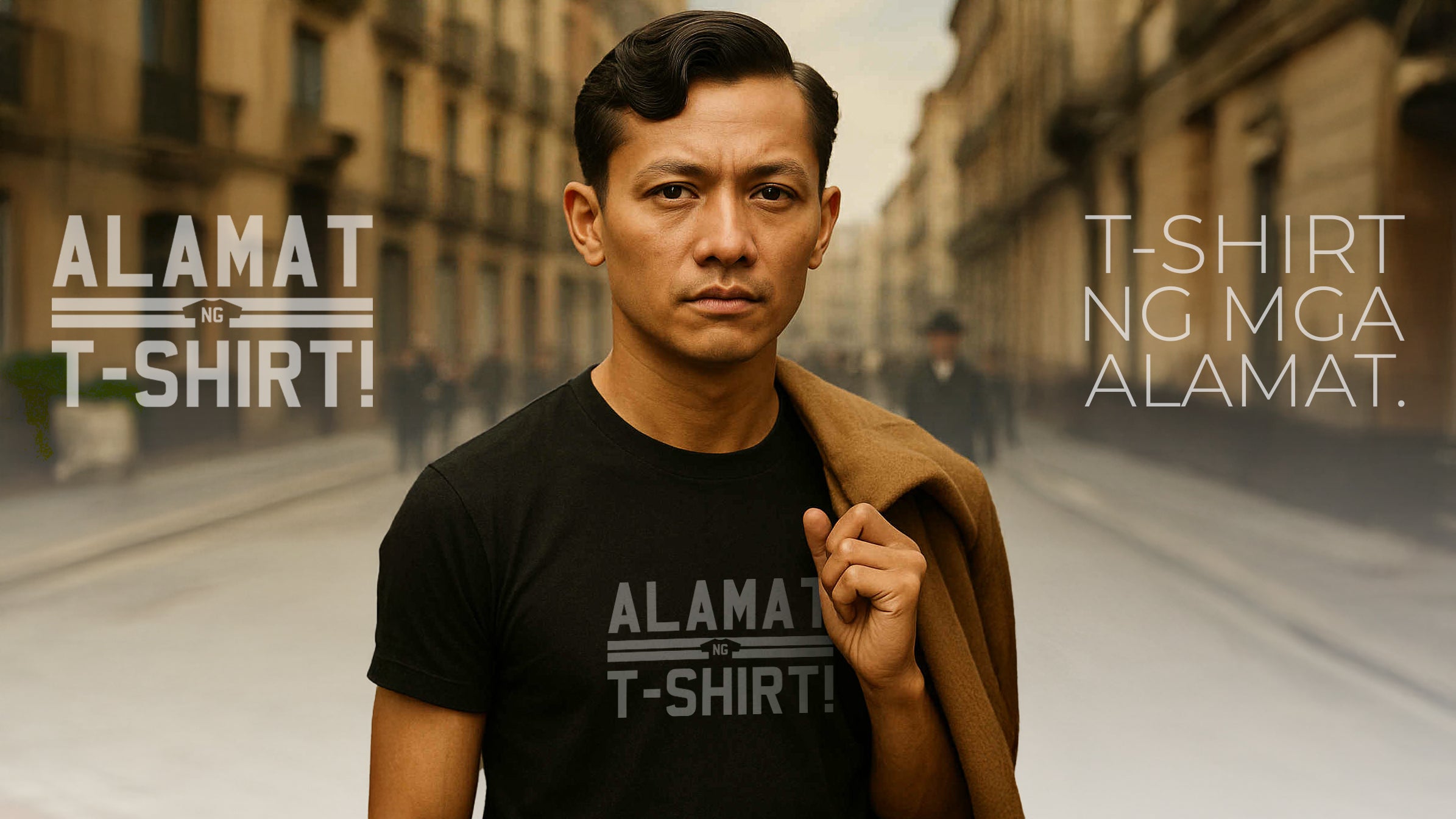 Man wearing a black t-shirt with 'ALAMAT T-SHIRT' text on a blurred street background