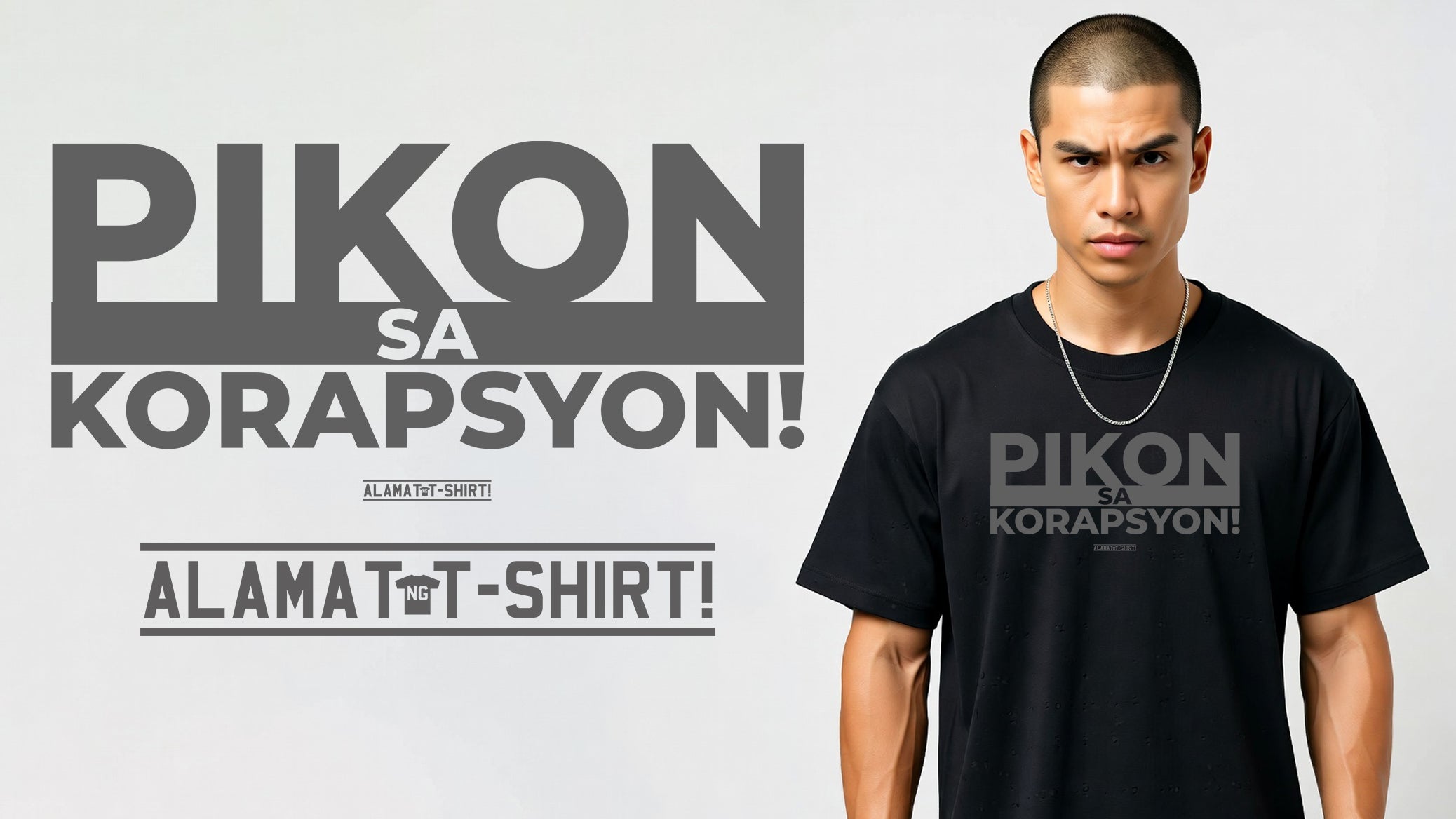 Person wearing a black t-shirt with 'PIKON SA KORAPSYON!' text on a gray background